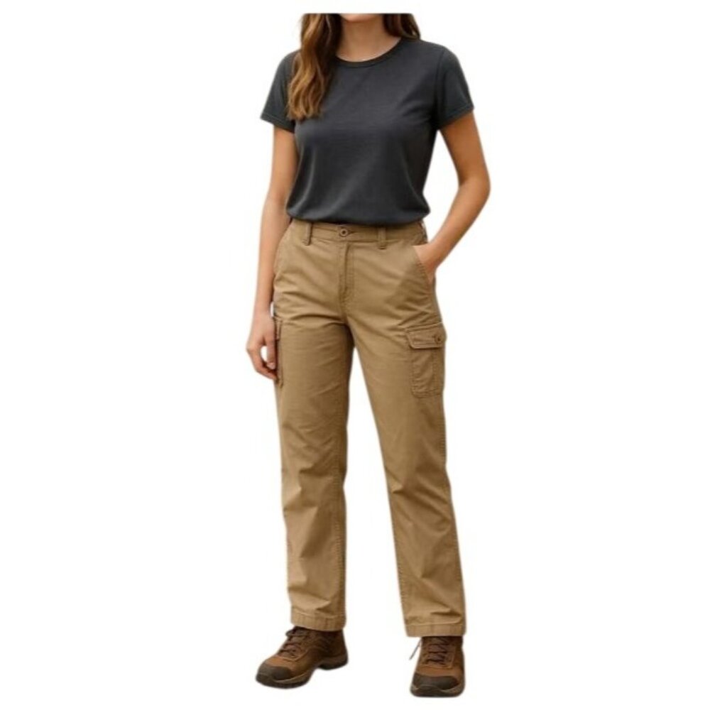 CABELA'S- WOMENSDESET TAN OUTDOORS PANTS WITH ENBROIDER POCKETS AND BELT SIZE 12